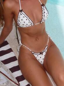Women's Cute Polka Dot Print Bow Decor Ruffle Design Contrast Color Swimwear Set, Suitable For Summer Beach Vacation, Cute Backless Tie-Up Design, Beach Striped Dot Bow Tie Vacation Beach - Multicolor - View 5