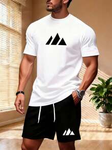 2026 Summer New Arrival Cotton Washed  Soft WashedMen'S Casual Sports Set| 2026  Short-Sleeved T-Shirt And Shorts With Geometric Print| Crew Neck, Slight Stretch Fabric, Perfect For Summer And Daily Wear  Men's Casual Outfit, Cotton Sportswear Set - 白色 - 查看 2