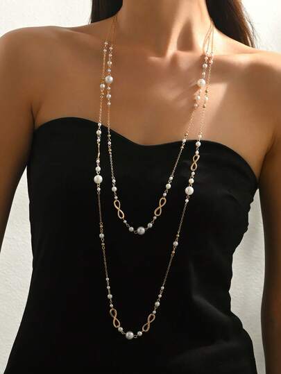 2pcs/Set Vintage Minimalist Faux Pearl Infinity Symbol Double-Layer Necklace, Versatile Necklace Set For Women Suitable For Daily Wear, Dates And Parties