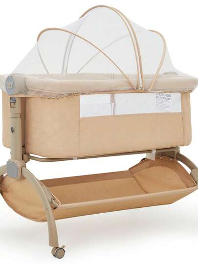 Gaderth 3-In-1 Adjustable Baby Bedside Crib With Breathable Mesh, Rolling Wheels, Mattress, Removable Mosquito Net, Storage Basket, Travel Bag, Portable Side Crib For Home Or Travel