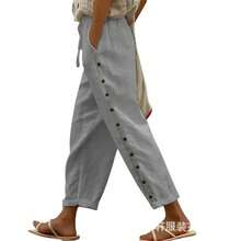 Women's Casual Button-Front Patchwork Cropped Trousers, Spring-Summer - White - View 8