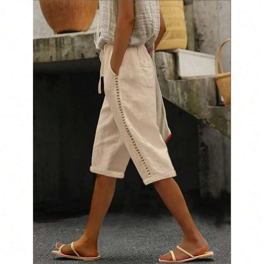 Casual Woven Cotton-Linen Shorts With Side Cutouts, Summer Fashion - Apricot - View 1