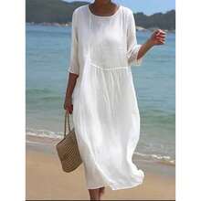 Women's Casual Long Cotton And Linen Dress - Pink - View 3