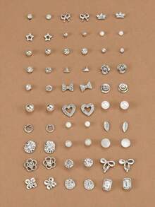 30pcs/Set Minimalist Bow, Flower, Pearl & Metal Cute Sweet Style Earrings Set For Girls - Bạc - Xem 7
