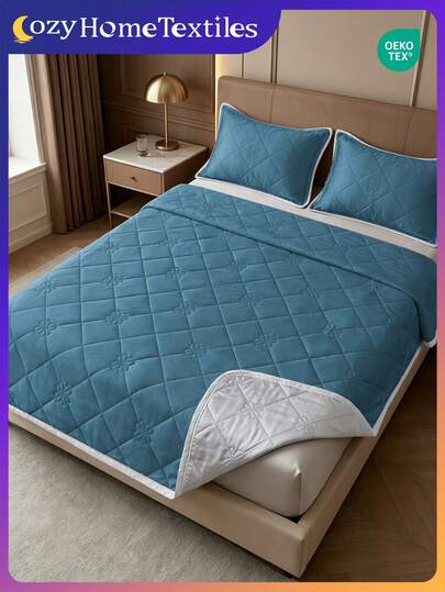 1pc Deep Blue Quilted Cooling Blanket, Summer Cooling Blanket, Breathable Mattress Pad, Lightweight Cooling Bed Cover, Maintains Coolness All Night, Soft & Comfortable, Suitable For All Bed Sizes, Essential For Home Bedroom And Dorm, Bedroom Decor, Pillow And Pillowcase Not Included, OEKO-TEX Certified