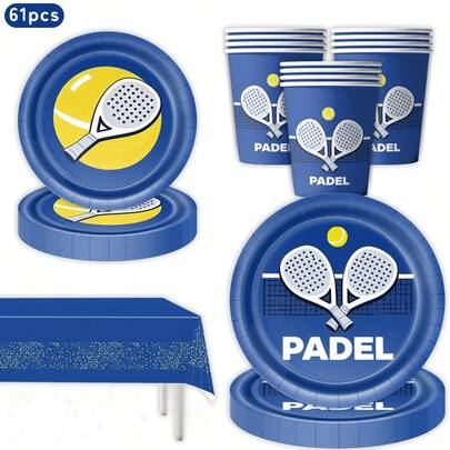 61pcs Padel Tennis Theme Popcorn Box, Disposable Paper Plate, Cup, Tablecloth Set, Sports Party Tableware Decor, Padel Tennis / Paddle Tennis Party Supplies, Blue Sports Style Disposable Paper Plate, Cup, Tablecloth, Party Decorations