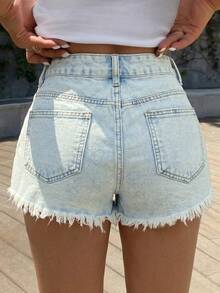 Quần short denim nữ kiểu dáng thường ngày, có khóa kéo, màu xanh nhạt, gấu quần tua rua, ống thẳng. - Màu xanh lam - Xem 4