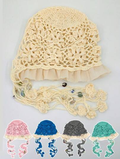 1pc Handmade Crochet Cotton Coin Flower Open Top Hat, Women Pearl Tassel Beanie, Lightweight