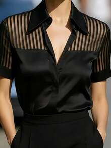Women's Elegant Blouse, Satin Urban Mandarin Collar Shirt Black Summer - Black - View 9