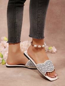 Plus Size Women's Fashion Flat Sandals, Open Toe Slip-On Slippers, Comfortable Casual Slides, Rhinestone Decor, Suitable For Summer - Beige - View 9