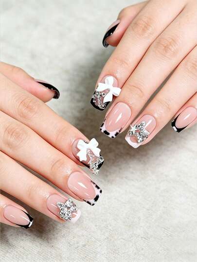 24pcs French Square Bow 3D Crystal Rhinestone Sweet Edged False Nails Set, Including 1pc Jelly Gel And 1pc Nail File, Adding Romantic Touch For Daily Dates, Creating Sweet Nails, Suitable For Daily Manicure Needs