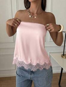 Satin & Lace Patchwork Hem Elegant Sexy Bandeau Top Pink - Pink - View 3