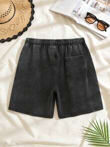 Unisex Floral Print Washed Denim Bermuda Shorts Loose Fit Casual Summer - 黑色 - 查看 3