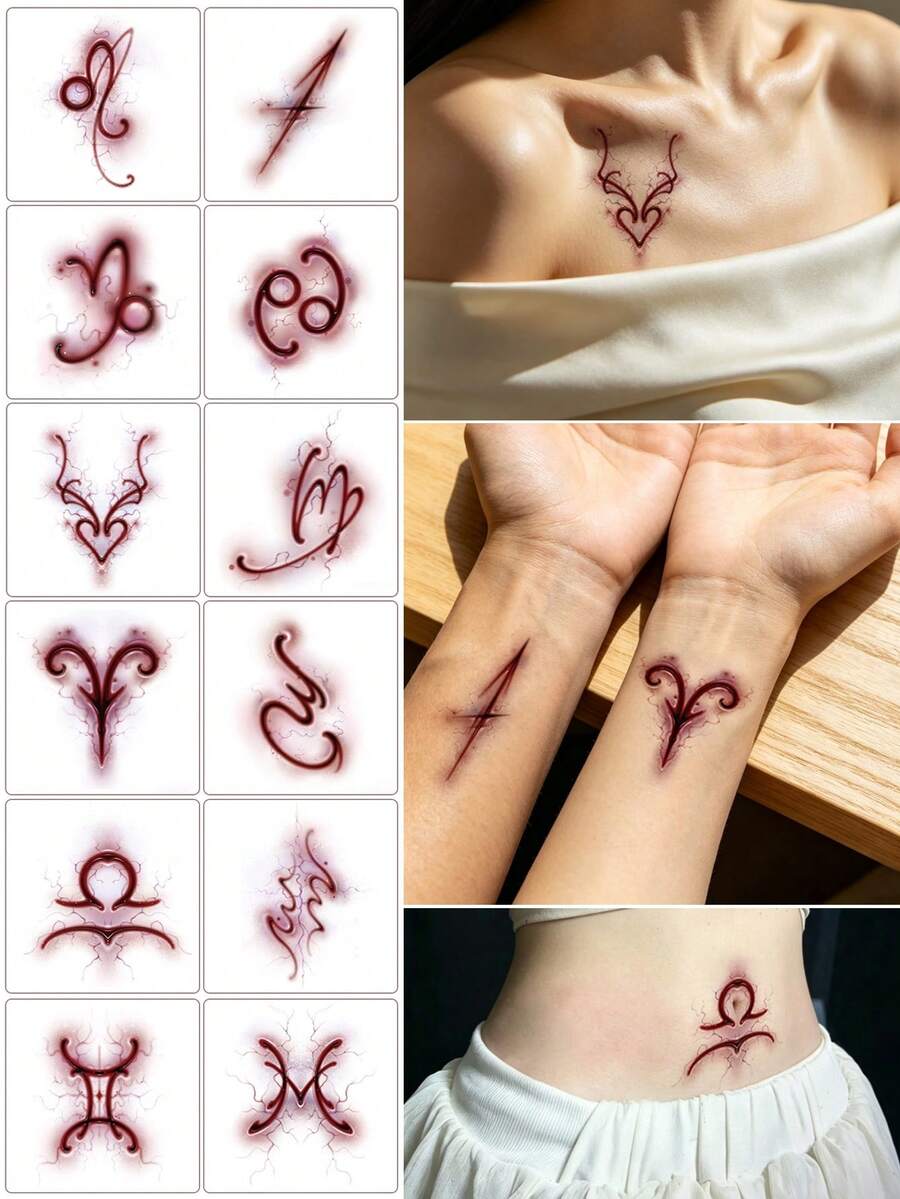 12 Zodiac Sign Temporary Tattoo Stickers, Waterproof Realistic Tattoo Stickers Suitable For Arms, Wrists, Neck, Daily Decoration, Photography, Dates, Travel, DIY Design - Multicolor - View 1