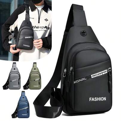 2026 Spring/Summer New Fashionable Casual Versatile Men's Chest Bag, Multi-Pocket Zipper Design, Multi-Functional Crossbody Bag, Black/Gray/Blue/Green Solid Color With Letter Print, Lightweight & Portable, Adjustable Strap, Earphone Hole, Water-Resistant, Suitable For Outdoor Sports, Running, Cycling, Commuting, Shopping, Holiday Travel Essentials, Men's Accessories, Gift For Him, Holiday Gift, Valentine's Day, Father's Day