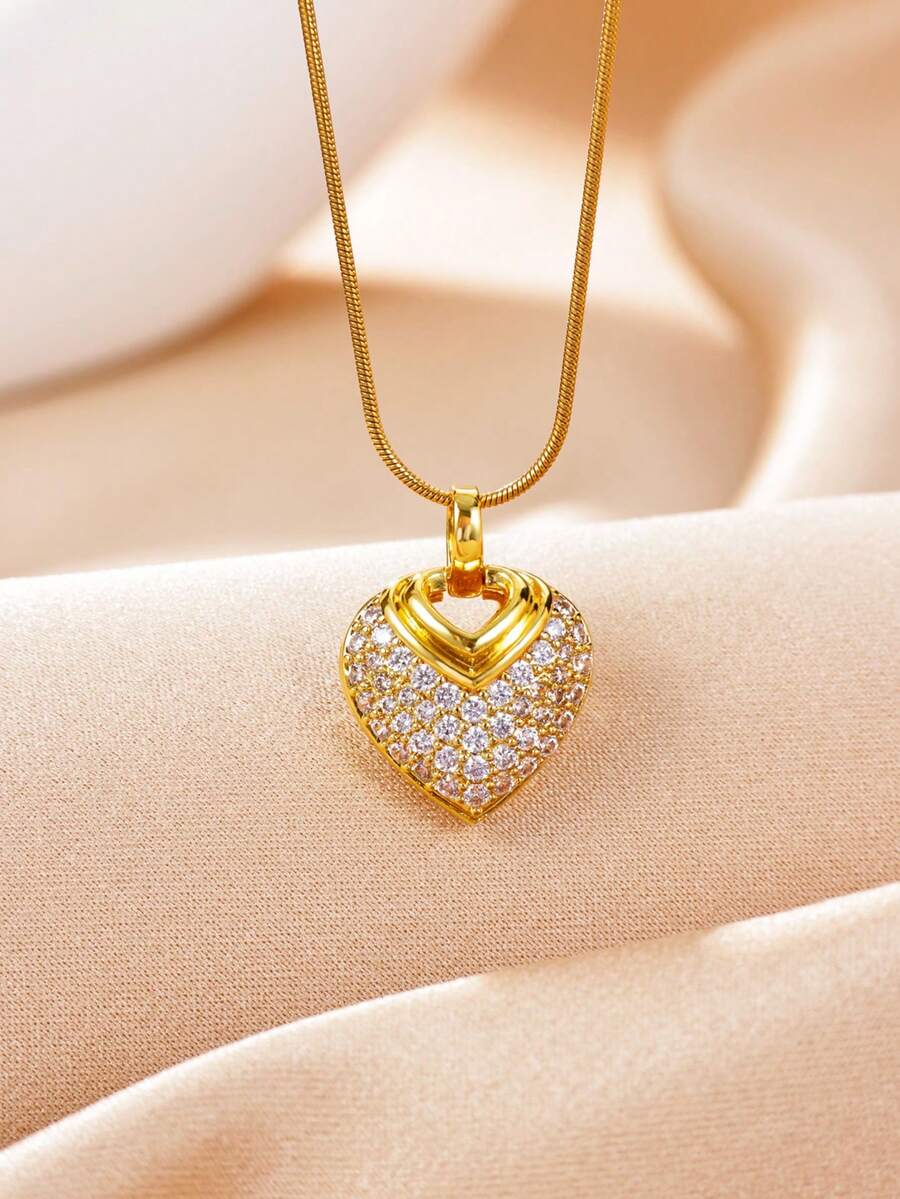 1 Pc Pave Zirconia Heart Necklaces For Women Gold Color Heart Pendant Necklace Fashion Jewelry,Perfect Gifts For All Accassions - Multicolor - View 1