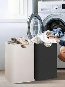 1 giỏ đựng quần áo bẩn có tay cầm bằng gỗ, kích thước lớn/nhỏ, có thể gấp gọn, dùng trong phòng tắm, giỏ đựng đồ bên hông máy giặt để đựng quần áo, quần tây, áo phông, áo sơ mi, quần jean, đồ lót, giỏ phân loại quần áo bẩn bền chắc. - màu đen - Xem 4
