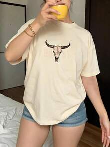 1pc Women's T-Shirt, Short Sleeve T-Shirt With Bull Skull Print And HOLIDAY Text For Casual Use, Graphic Tees, Vintage T-Shirts, 180g 100% Cotton (PP-3XL) - 灰色 - 查看 5