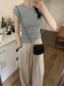 女士时尚针织短袖修身吊带背心，灰色 - 灰色 - 查看 2