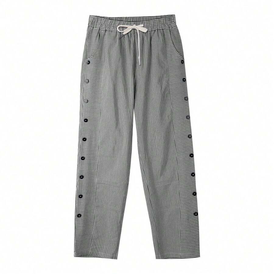 Women's Casual Long Trousers, Striped And Button Print, Patchwork Style, For Autumn - Black - View 1