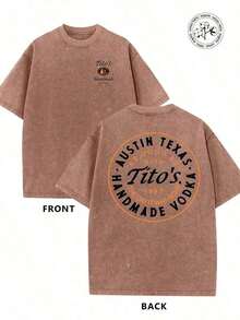 NUDEA 1pc Valentine's Day, Tito's Handmade Vodka Print Washed Oversized Graphic Tee, Retro, Casual, Suitable For Date Night Women Outfit, Going Out Tops Women, Party Outfits - 卡其色 - 查看 1