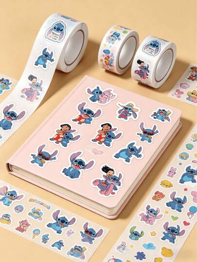 500 pièces/Rouleau Autocollants dessin animé Stitch & Mickey Mouse, Autocollants décoratifs imperméables pour cahier, ordinateur portable, coque de téléphone, agenda hebdomadaire et mensuel, convient pour les fournitures de bureau, les fournitures scolaires, l'ordre du jour des réunions, le plan de travail, l'horaire d'étude, le journal quotidien