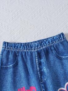 Bộ 2 món cho bé gái, áo liền quần hai dây và quần dài in họa tiết giả denim, thích hợp cho các hoạt động thường ngày và mùa hè. - Màu Hồng Tươi - Xem 5