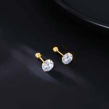 Round CZ Stud Earrings For Women, Screw Back Simulated Diamond Earrings Set, Elegant Pearl Earrings Style Wedding Jewelry For Brides Bridesmaids - 金色 - 查看 1