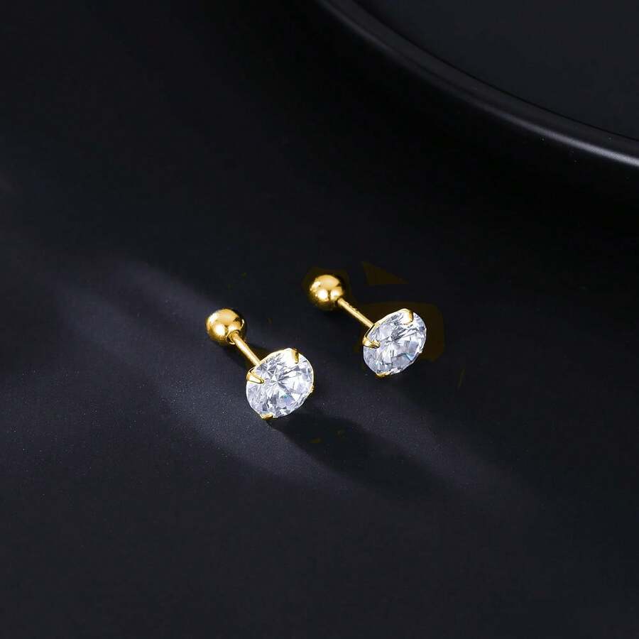 Round CZ Stud Earrings For Women, Screw Back Simulated Diamond Earrings Set, Elegant Pearl Earrings Style Wedding Jewelry For Brides Bridesmaids - 金色 - 查看 1