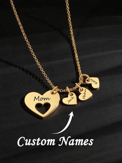 Dây chuyền mặt dây chuyền hình trái tim khắc tên theo yêu cầu, dây chuyền mặt dây chuyền tên mẹ, dây chuyền nhiều mặt dây chuyền hình trái tim, trang sức thép không gỉ, quà tặng Ngày của Mẹ.