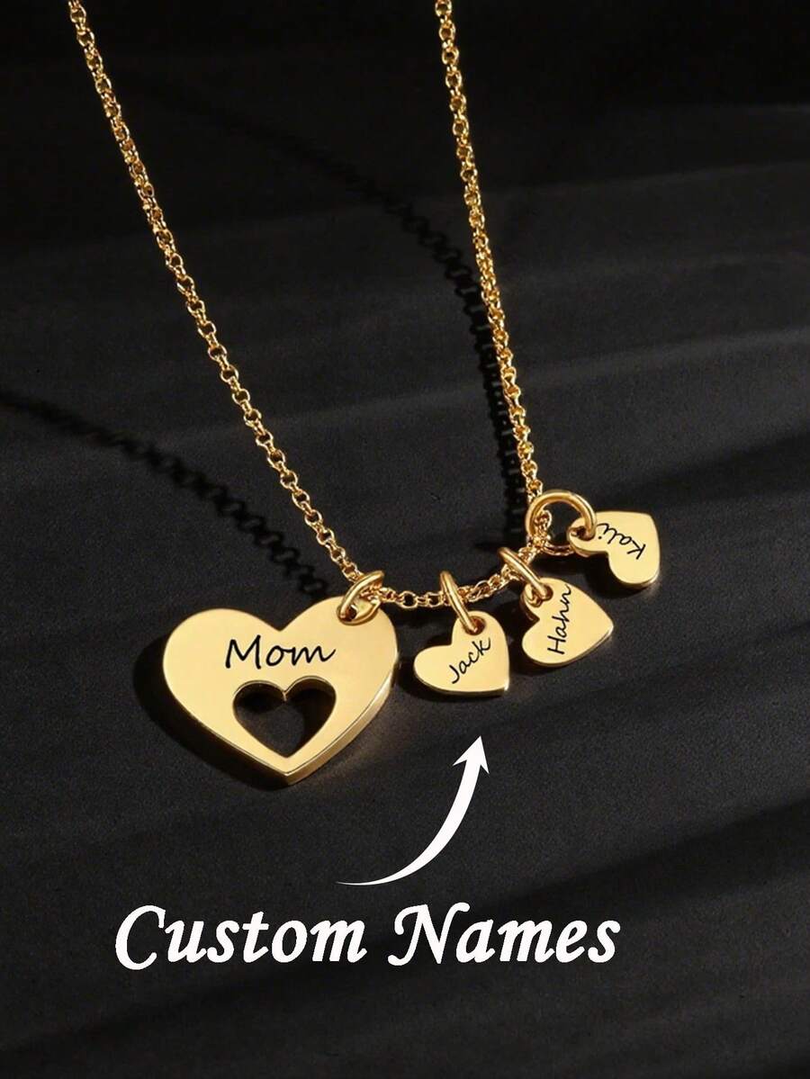 Personalized Heart Name Necklace, Mother Name Pendant Necklace, Multiple Heart Pendant Necklace, Stainless Steel Jewelry, Mother's Day Gift - Multicolor - View 1