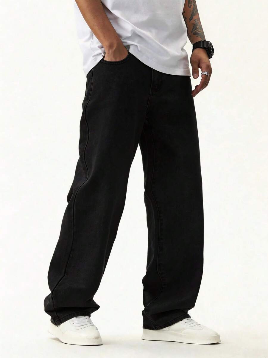 1pc Justice Brother Casual Loose Fit Washed Straight Leg Jeans, Korean Style Versatile Streetwear For Men