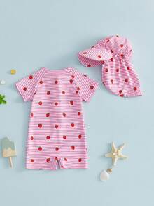 Traje de baño infantil para bebé niña con protección solar, estampado de fresas, flores, peces y estrellas de mar, manga corta, incluye gorro para el sol. - Rosa - Ver 2