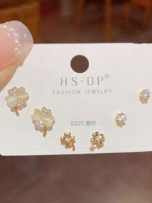 Bộ 3 bông tai bạc S925 tinh tế đính đá Zirconia hình hoa mắt mèo, kiểu dáng tối giản. - Hoa tai cỏ bốn lá - Xem 1