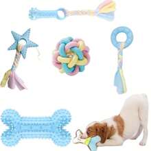 5件套幼犬磨牙玩具，粉色和蓝色软橡胶材质，带绳子，适合小型犬，可爱造型，兼具牙齿护理和互动功能，心形骨头设计 - 彩色 - 查看 5