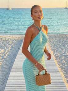 Women's Faux Pearl Decor Camisole Dress, Lace-Up Blue Loose Dress, Bohemian Style Bodycon Pencil Dress. Suitable For Beach Outings, Casual Vacation, Music Festivals, Beach Parties, And Cocktail Events Summer - Màu xanh bạc hà - Xem 1