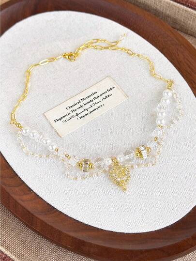 1件套多层珍珠串珠心形项链，奢华简约精致颈链，优雅法式风格