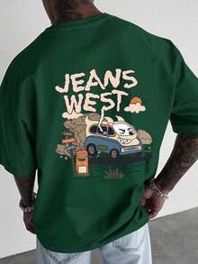 Bộ trang phục mùa hè độc đáo: Áo thun in họa tiết thiết kế retro, quần jeans kiểu Tây, áo tay ngắn dáng rộng, vai rớt, in hình hoạt hình. - Màu xanh lá cây đậm - Xem 7
