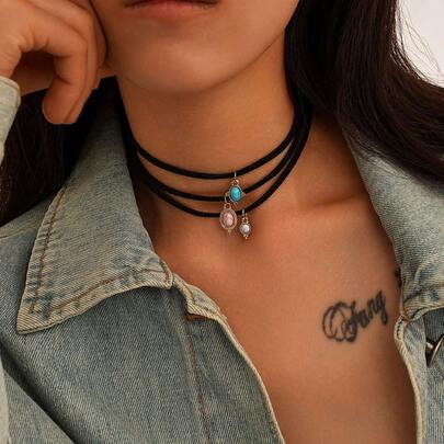 3pcs/Set Vintage Bohemian Style Colorful Turquoise Pendant Velvet Cord Necklace Choker Set