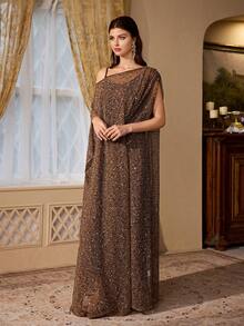 女士柔软优雅不对称肩领，系带蝙蝠袖两件套长袍，饰有亮片细节 - 咖啡棕 - 查看 6