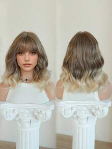 7JHH WIGS Tóc giả ngắn xoăn màu xám nâu cho nữ, dài 14 inch, kiểu tóc bob ombre nâu gợn sóng có mái, chất liệu tổng hợp mềm mại, chịu nhiệt cao cấp, thích hợp sử dụng hàng ngày, dự lễ hội, liên hoan âm nhạc và đi làm. - Màu nâu ombre - Xem 6