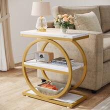 LITTLE TREE End Table With Storage Shelves, 3-Tier Wooden Industrial Sofa Side Table With Black Metal Frames For Living Room, Slim Nightstand And Bedside Table For Bedroom, White & Gold - 白色和金色 - 查看 12