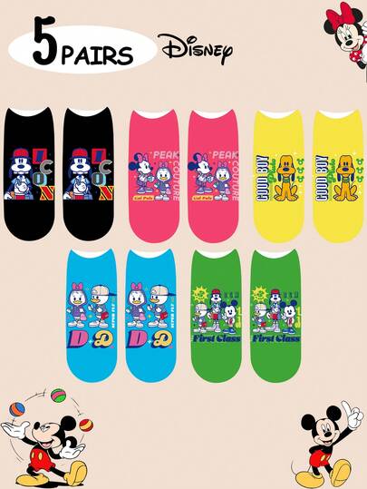 Disney 디즈니 양말 1/5켤레 여성/커플 짧은 양말, 개성 있는 디자인, 재미 가득, 풍부한 색상, 창의적인 카툰 패턴, 축제 선물로 적합, 편안하고 통기성, 가족 분위기 향상, 세련된, 남녀 공용, 재미있는 카툰 양말, 미키, 미니, 도널드, 데이지, 도널드, 구피, 플루토 ￼ ￼