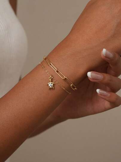 2pcs/Set Girl Bracelets Set, Bohemian Summer Beach Style, Golden Electroplated Multi-Layer Basic Chain, Safety Pin Chain, Copper Inlaid Zirconia Turtle Pendant Multi-Layer Stacking Bracelets Set, Ocean Series Jewelry Gift