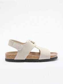 1 Pair Girls' Gold Floral Emblem Decor Faux Suede Upper, Rubber Sole With Soft Cork Midsole, Non-Slip Shock Absorbing Open Toe Hook And Loop Strap Flat Sandals, Fashionable Casual For Daily & Holiday Wear - Beige - View 3
