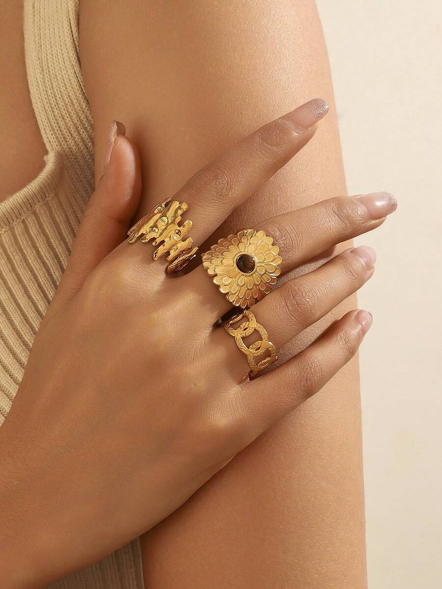 3pcs Stainless Steel Oval Geometric Ring Set, Suitable For Women's Daily Wear, Party, Holiday Gifts - Gold - View 1