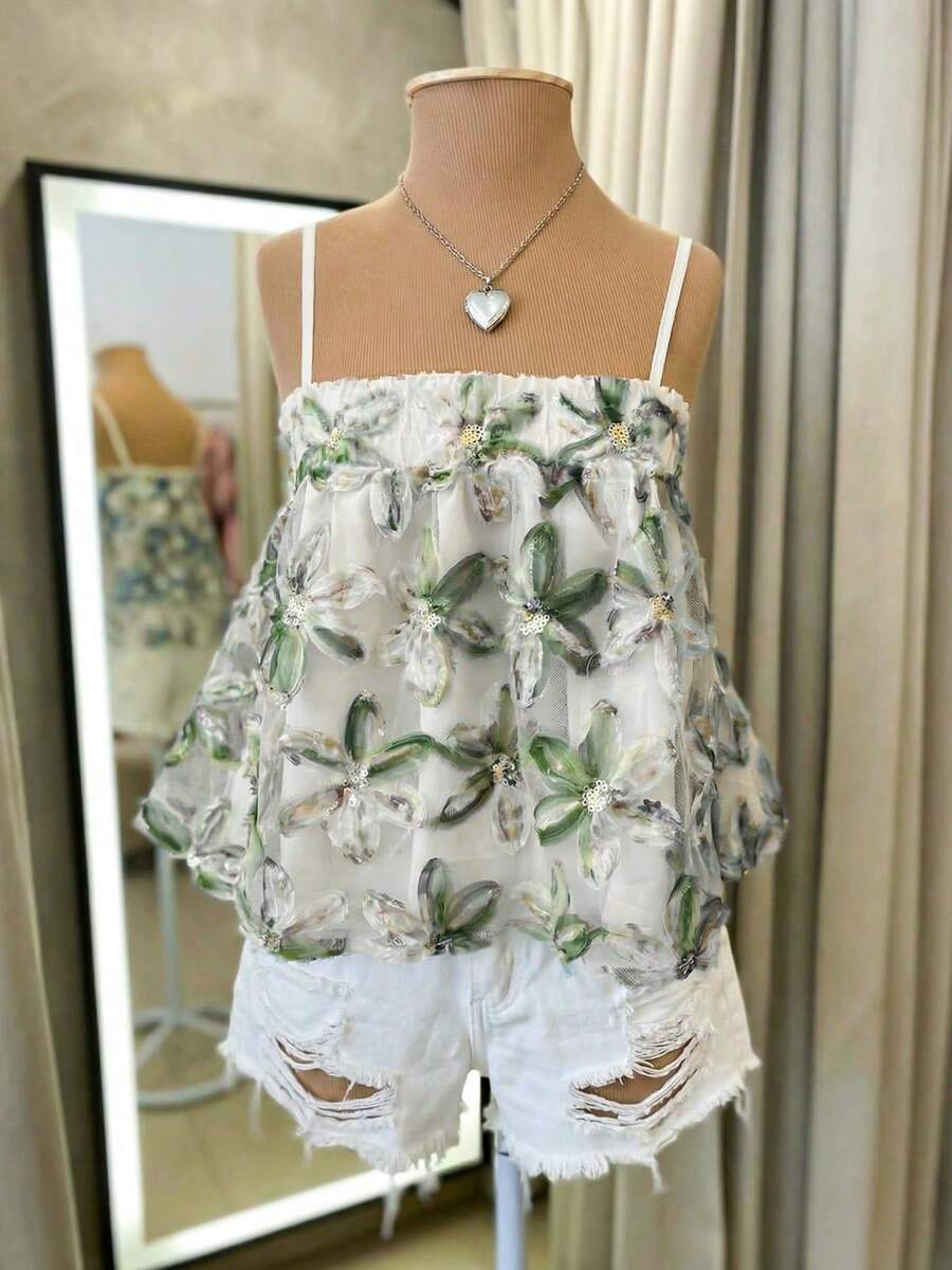 Áo hai dây lưới thêu hoa 3D cho nữ, thích hợp cho kỳ nghỉ hè. - màu xanh lá - Xem 1