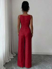 El mono de pierna ancha Elezga Elegante, con decoración de lazo en los hombros y estampado floral de margaritas en tela de brocado, es adecuado para el uso diario. - Rojo - Ver 2