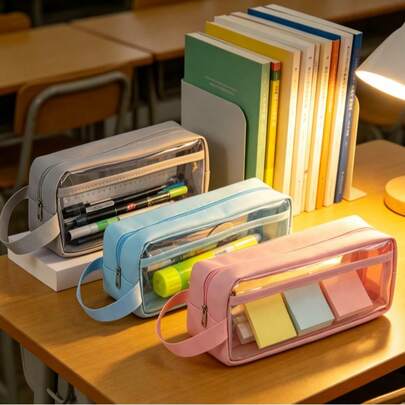 1pc Color Transparent Pencil Case, Large Capacity Portable Pencil Case With Handle, Waterproof Stationery Storage Bag For Students And Teenagers, Back To School Office Supplies, Multi-Purpose Cosmetics And Makeup Bag