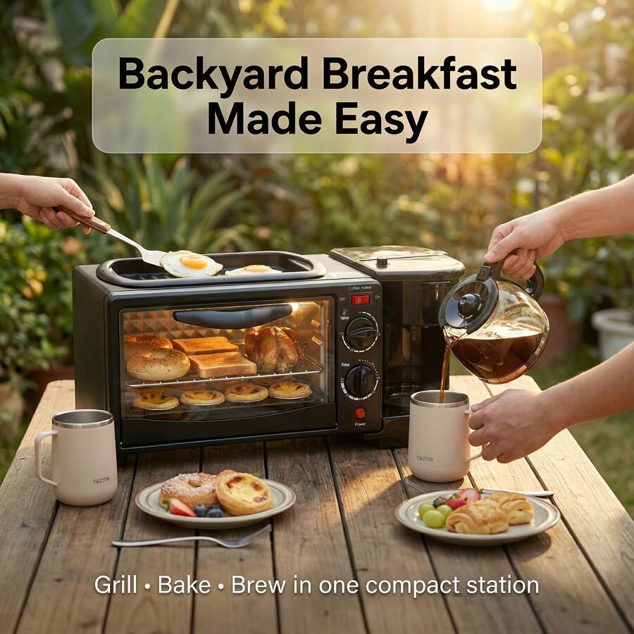 3-In-1 Breakfast Station, Toaster Oven Coffee Maker Combo With Nonstick Griddle, Compact Countertop Breakfast Maker For Small Kitchens, Dorms And Apartments